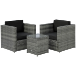 Outsunny 3 Pieces Patio Bistro Set, Outdoor PE Rattan Wicker Porch Furniture W/ Washable Cushion and Tempered Glass Tabletop Coffee Table, Conversation Sofa Set for Garden, Backyard, Balcony, Black
