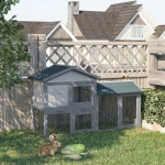 PawHut Wood Rabbit Hutch Backyard Bunny Cage Small Animal House Asphalt Roof w/ Ramp and Outdoor Run Grey