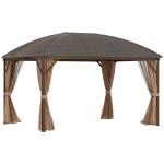 Outsunny 10x13 Hardtop Gazebo, Permanent Metal Roof Gazebo Canopy Arc with Aluminum Frame, with Ceiling Hook, Curtains and Netting for Garden, Patio, Backyard, Brown