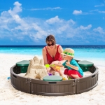Outsunny Kids Outdoor Round Sandbox, with Waterproof Oxford Canopy, Bottom Fabric Liner, Children Playset for 3-12 years old, Backyard, Brown