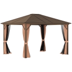 Outsunny 10' x12' Hardtop Gazebo with Aluminum Frame, Permanent Metal Roof Gazebo Canopy with 2 Hooks, Curtains and Netting for Garden, Patio, Backyard, Brown