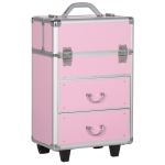 HOMCOM Rolling Makeup Train Case, Large Storage Cosmetic Trolley, Lockable Traveling Cart Trunk with Folding Trays, Swivel Wheels and Keys, Pink
