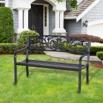 Outsunny 50" 2-Seater Garden Bench Chair, Outdoor Blossoming Pattern Garden Decorative Loveseat Bench for Yard, Lawn, Porch, Black