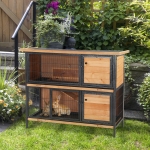 PawHut 48" 2-Floor Large Rabbit Hutch Wooden Pet House Metal Frame Bunny Cage Small Animal Habitat with Ramp Feeding Trough Lockable Doors Run Area Asphalt Roof for Outdoor Use