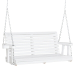 Outsunny 46" 2-Person Porch Swing Wooden Patio Swing Bench with Cup Holders, Slatted Design, & Chains Included, 440lb Weight Capacity, White