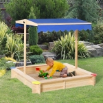 Outsunny Kids Wooden Sandbox, Play Station for Children Outdoor, with Adjustable Canopy Shade, Seats, for Backyard, Beach, 47" x 47" x 47", Natural