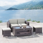 Outsunny 2-Tier Rattan Patio Coffee Table Outdoor Side Table PE Wicker Patio Garden Tea End Desk with Tempered Glass Top & Storage for Balcony, Backyard, Poolside