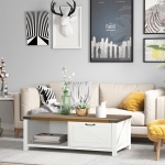 HOMCOM Industrial Coffee Table Side End Table with Drawer, Open Storage Shelf, Modern Farmhouse Furniture, for Living Room, Dining Room, Office, Brown