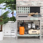 HOMCOM Garden Wooden Potting Table Outdoor Planting Workstation Bench w/ Storage Shelf Garage Tool Table, Grey