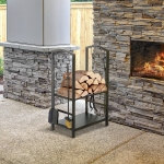 HOMCOM 16" 2-Tier Firewood Log Rack with 4 Tools, Fireplace Wood Storage Holder with Shovel, Broom, Poker, Tongs and Hooks, for Outdoor and Indoor Fireplaces, Black