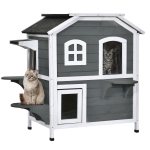 PawHut Fir Wood 2-Story Outdoor Cat House, Wooden Feral Cat Shelter with Openable Asphalt Roof for Indoor/Outdoor, White / Grey