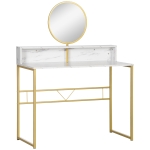 HOMCOM Modern Vanity Makeup Desk with Mirror, Dressing Table with Open Storage, Faux Marble Finish and Steel Frame for Bedroom, White and Gold