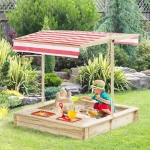 Outsunny Kids Wooden Sandbox Outdoor Children Sand Playset w/ Adjustable Canopy Shade, Bottom Liner, Seat, Plastic Basin, for 3-8 Years Old Boys and Girls