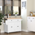 HOMCOM Rolling Kitchen Island Trolley Cart Spice Rack Towel Rack Drawer Wood Top White