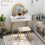 HOMCOM Vanity Table Set with Round Mirror 2 Large Drawers with Sliding Rails Makeup Dressing Table with Cushioned Stool, Nature Wood and White