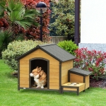 PawHut Wooden Dog House Outdoor, Cabin Style Raised Pet Home Cottage, with Bowls, Weather Resistant Roof, Storage Box, for Medium Sized Dog, Natural Wood