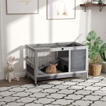PawHut Wooden Indoor Rabbit Hutch Elevated Cage Habitat with Enclosed Run with Wheels, Ideal for Rabbits and Guinea Pigs, Grey