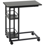 HOMCOM C Shaped End Table with Storage Shelves, Mobile Side Table with Wheels for Sofa Couch, Bed, Metal Frame, Black