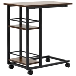 HOMCOM C Shaped End Table with Storage Shelves, Mobile Side Table with Wheels for Sofa Couch, Bed, Metal Frame, Rustic Brown