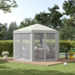 Outsunny Φ13' Hexagon Party Tent Patio Gazebo Outdoor Activity Event Canopy Quick Sun Shelter Pavilion with Netting Mesh Sidewall, Cream White