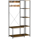 HOMCOM Industrial Hall Tree with Side Storage Shelves, Entryway Bench with Coat Rack, Freestanding Coat Tree with Shoe Storage and Hooks, Rustic Brown