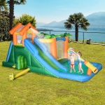Outsunny Large Bounce House w/ Inflatable Water Slide, Summer Theme Jumping Castle w/ Trampoline, Water Pool, Climbing Wall, 450W Air Blower for Kids Age 3-8