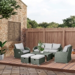 Outsunny 6 Pieces Patio Furniture Set, Outdoor Sectional Furniture Set, Garden Conversation Sofa Set Include 3-Seat Sofa, 2 Adjustable Recliners, 2 Footstools & Table for Lawn Garden Backyard, Light Grey
