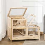 PawHut Wooden Hamster Cage, Mice Rodent Small Animals Kit Hutch, 2 Tiers Exercise Play House, with Sliding Tray, Ladder, Seesaw, Running Wheel, Openable Roofs, 31" x 16" x 23.5", Natural Wood