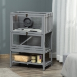 PawHut Wooden Hamster Cage, Mice Rodent Small Animals Kit Hutch, 2-Tier Exercise Play House, with Storage Shelf, Sliding Tray, Seesaw, Running Wheel, Lockable Roof, 23.5" x 15.75" x 35.5", Grey