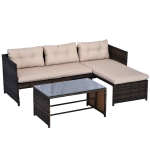 Outsunny 3-Piece Wicker Patio Furniture Sets, Rattan Conversation Sets, Sectional sofa set with Cushioned Lounge Chaise for Garden Poolside or Porch Lounging, Brown