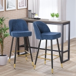 HOMCOM Set of 2 Mid-Back Upholstered Barstools Fabric Bar Chairs with Gold-Capped Steel Legs, Backrest and Footrest, Blue