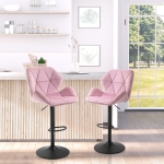 HOMCOM Velvet-Touch Bar Stool Set of 2 Fabric Adjustable Height Armless Counter Chairs with Swivel Seat, Pink