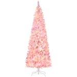 HOMCOM 6/7.5 Foot Prelit Snow Flocked Artificial Christmas Tree with Pencil Shape, Pine Realistic Branches, Warm White LED lights, Auto Open, Pink and White