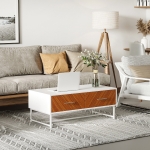 HOMCOM Modern Coffee Table, Rectangular Center Table with Drawers and Open Storage Compartment, Steel Legs for Living Room