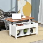 HOMCOM Lift Top Coffee Table with Hidden Storage Compartment and 3 Lower Shelves, Pop-Up Center Table for Living Room, White and Brown
