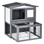 PawHut Deluxe Wooden 2 Story Rabbit Hutch with Slide-Out Outdoor Run, Lockable Doors, and Ramp - Grey & White