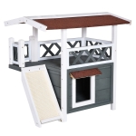 PawHut 2-Story Solid Wood Cat House Condo Shelter with Sisal Ramp, Weatherproof for Indoor/Outdoor Use - Grey and White