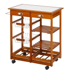 HOMCOM Wooden Rolling Kitchen Cart Tile Counter Top Utility Trolley with Towel Rack, 2 Drawers, 2 Shelves, Wire Baskets & Wine Rack, Natural