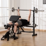 Soozier Weight Bench Stand with Squat Rack, Adjustable Olympic Bench, Multifunctional Arm Curl Pad, Leg Extension, Barbell Stand, Strength Training, Workout Equipment for Home, Office, Gym, Grey