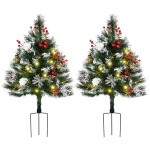 HOMCOM 2' 23" 2 Pack Prelit Artificial Christmas Trees, Cordless with 70 Branches, Warm White LED lights, Red Berries, Pine Cones, Balls, for Outdoor Entryway, Green