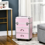 HOMCOM Rolling Makeup Train Case, Large Storage Cosmetic Trolley, Lockable Traveling Cart Trunk with Folding Trays, Swivel Wheels