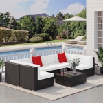 Outsunny 7 Pieces Garden Wicker Sectional Sofa Lounge Set All Weather Patio Outdoor Furniture with Cushion, Dark Coffe & Cream White