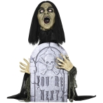 Outsunny 30" Life Size Outdoor Halloween Decoration - Female Ghost with Tombstone, Animated Prop Animatronic Decor with Light Up Eyes, Spooky Sound