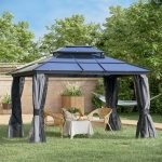 Outsunny 12' x 10' Polycarbonate Hardtop Gazebo Canopy Outdoor Double Tier Roof Aluminum Frame with Curtains, Netting Sidewalls Patio, Black