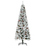 HOMCOM 6' Pencil Snow Flocked Artificial Christmas Tree with 600 Pine Realistic Branches, Pine Cones, Red Berries, Auto Open, Green