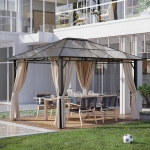 Outsunny 9.8'x12' Outdoor Hard Top Gazebo Polycarbonate Panel Garden Duluxe Pavilion Shelter Canopy BBQ Sunshade with Removable Curtains