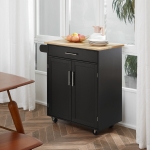HOMCOM Rolling Kitchen Island Cart with Wood Top, Enough Storage Drawer Space with Towel Bar Rack Shelves, Portable Kitchen Utility Serving Cart Trolley on Wheels, Black