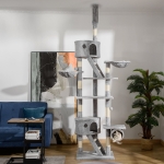 PawHut 94"-102" Huge Cat Tree Ceiling High Cat Condo Scratching Post Activity Center Multi-Level Play House Light Grey