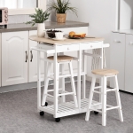 HOMCOM Kitchen Trolley 3 Piece Kitchen Cart Set Drop Leaf Breakfast Table and 2 Stools w/ Rolling Wheels & Towel Bars, Wood & White