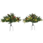 HOMCOM 1.5 Foot/16 inch 2 Pack Prelit Artificial Christmas Tree, Cordless with 69 Branches, Warm White LED lights, Red Berries, Pine Cones, for Outdoor Entryway, Green